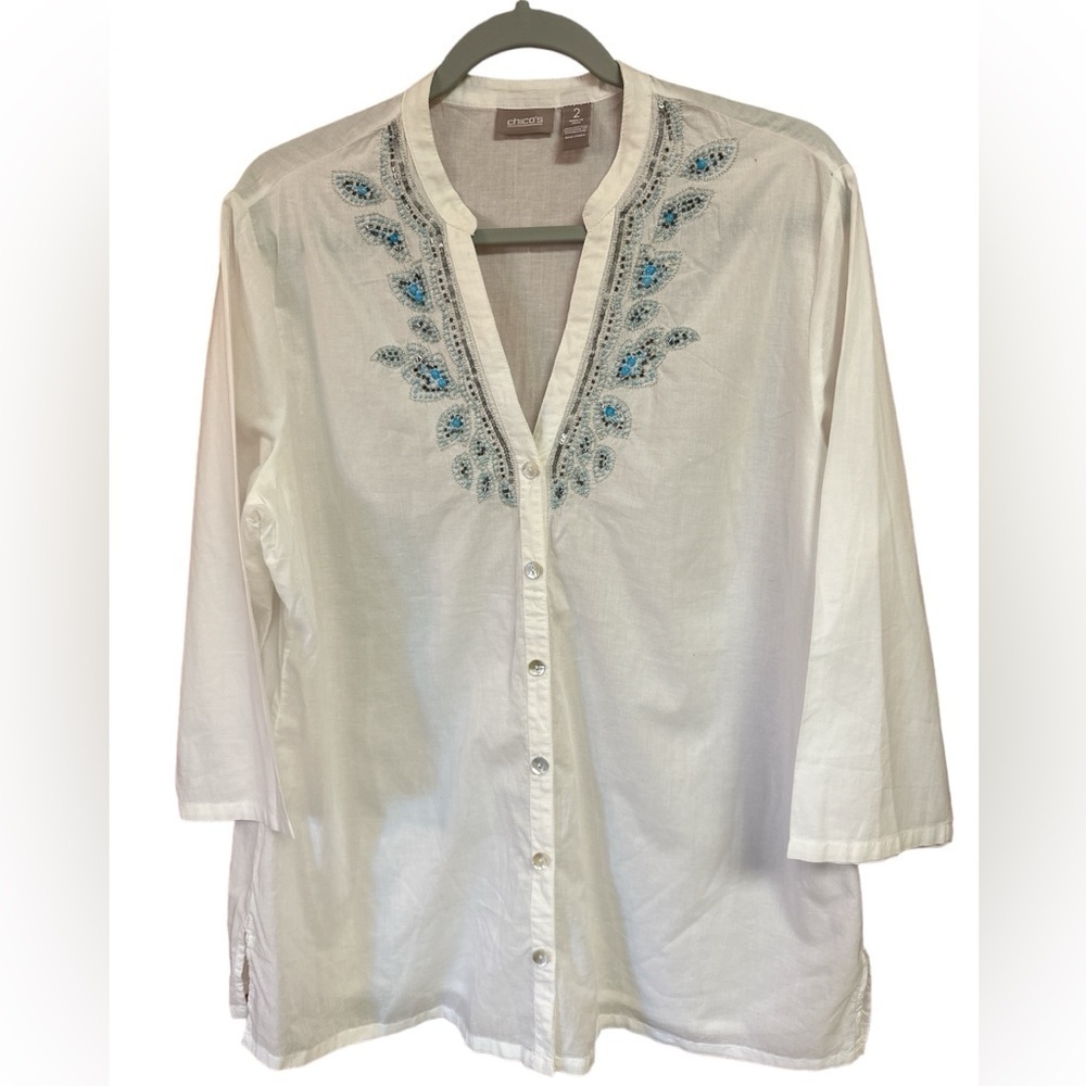 Chicos Sequined V-Neck Semi Sheer Lightweight Cotton Button-down Blouse Size 2